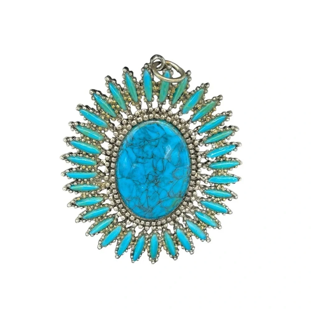 Vintage Silver Tone Turquoise Sunburst Pendant Southwestern Boho